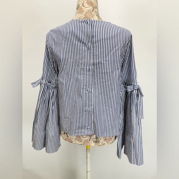 CATHERINE MALANDRINO Blue and white stripe bell sleeve blouse‎ size S. - Picture 5 of 13